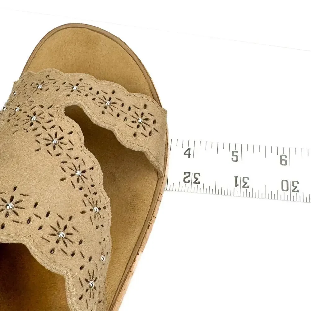 Sesto Meucci Sandals 8.5 Tan Suede Laser Cut‎ Floral Studded Wedge Boho Italian